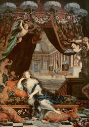 Porträt von Madame de Montespan (1640-1707) liegend vor der Galerie des Chateau de Clagny